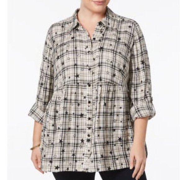Style and Co - Celestial Plaid (Stars Print) Smock Top - Rayon Flannel, 1X Plus - Picture 1 of 8